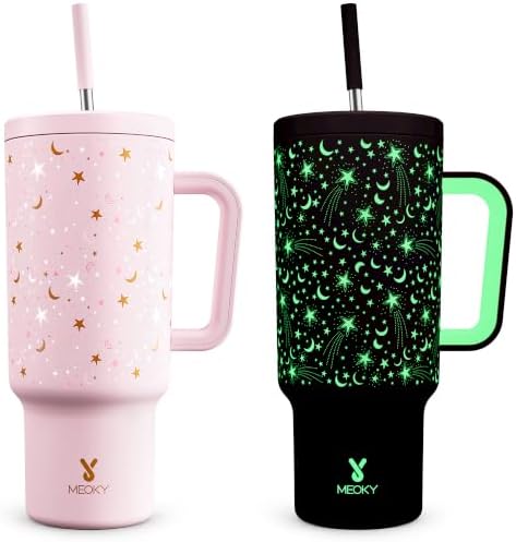 Meoky 40 oz Tumbler with Handle and Straw: Glow in the Dark Tumbler with Lid and Straw - Stainless Steel Insulated Tumbler for Car Cup Holders - Travelers Commuters Workers (1 Pack, Starry Sky)