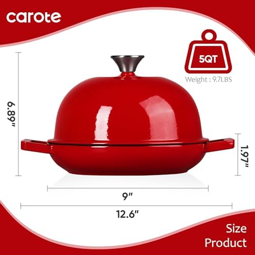 CAROTE 5QT Enameled Cast Iron Dutch Oven, Red Round Bread Oven