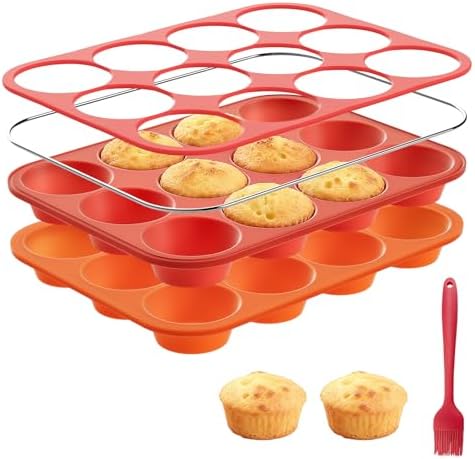 Silicone Muffin Pan with Metal Reinforced Frame,2 Pcs 2.9" Regular Size 12 Cups Egg Bite Mold,Non-Stick,Easy Release,For Egg Muffins, Cupcakes, Large Muffins,Cheesecakes(Orange + Red)