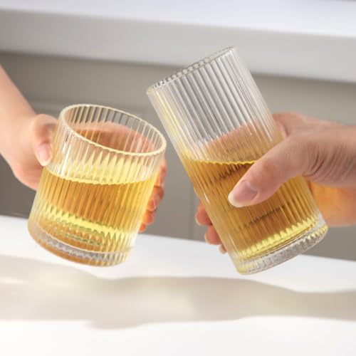 Ribbed Drinking Glasses 12pcs, 12oz and 10oz Glassware, Tumbler Glasses Cup Set for Wedding, Party, Christmas Gift, Clear