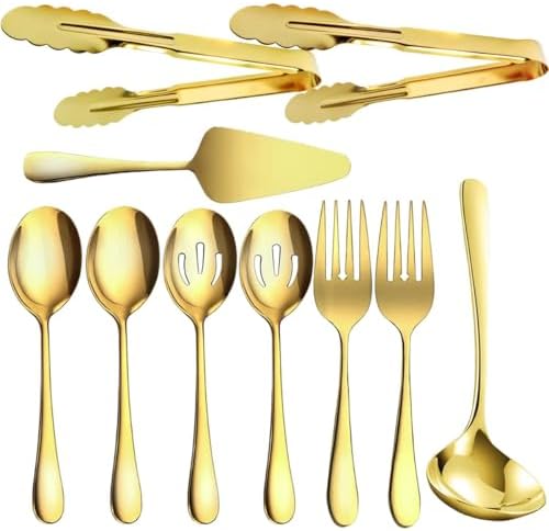 10 Pieces Serving Utensils Include Serving Spoons,Slotted Serving Spoons,Serving Forks,Serving Tongs,Soup Ladle and Pie Cake Server for Buffet Catering Banquet Party(Gold)