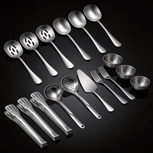 Serving Utensils Set for Partie, Stainless Steel Metal Serveware Flatware Large Serving Spoons, Slotted Spoons, Forks, Tongs, Soup and Skimmer Spoon, Cake Server for Buffet, Party, Catering