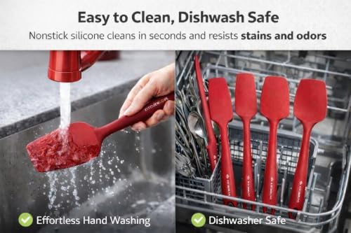 KITCHENLOVE Premium 600°F Heat Resistant 5 Piece Silicone Spatula Set for Baking, Cooking, Mixing - Non-Stick with High Grade S-Iron Steel Core - One Piece Seamless Design - BPA Free (Red)