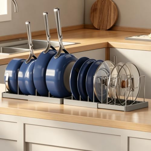 Magheo 1 Pack Expandable Food Storage Container Lid Organizers, 31.3" Pots and Pans Organizer Under Cabinet with 12 Adjustable Dividers Pot and Pan Lid Holders Rack Inside Cabinet(Gray)