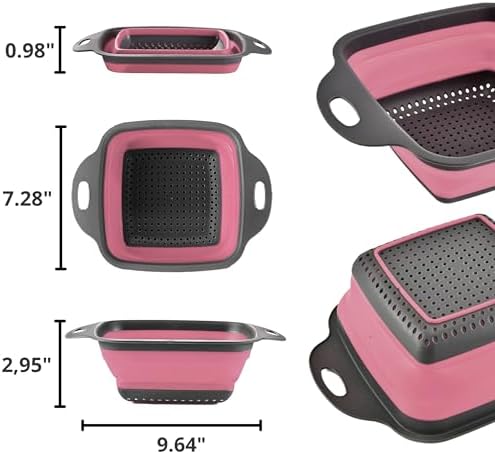 Pink Silicone Food Colander Kitchen – Small Collapsible Strainer with Handle Collapsable Strainer Kitchen Foldable Colander for Pasta Spaghetti Fruit Vegetable