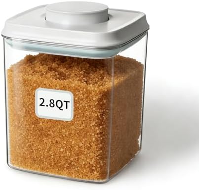 Food Storage Container with Lid, 2.8 Qt Airtight Pantry Canister, BPA-Free Plastic Flour Sugar Storage Container, One-Touch Press-to-Open Lid, Stackable Clear Jar for Rice, Cereal, Coffee, Brown Sugar