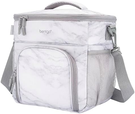 Bentgo Prep Deluxe Insulated Multimeal Bag - Lunch Box Bag, Holds 5 Meals, Premium Insulation up to 8 Hrs, Durable, Water-Resistant - Large Capacity For Adult Meal Prep (White Marble)