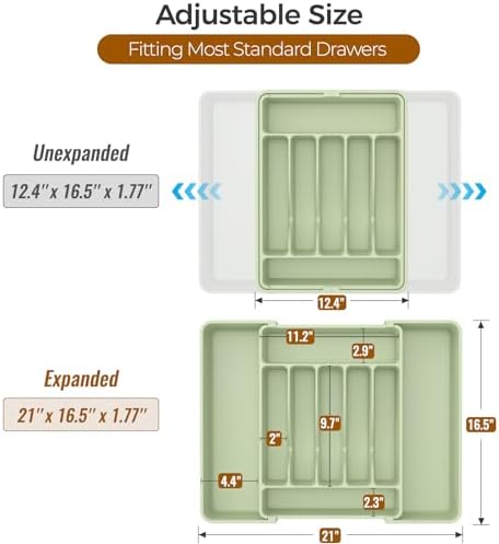 ukeetap Extra Large Expandable Silverware Organizer, Flatware Tray, Green