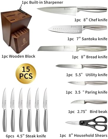 15-Piece Kitchen Knife Block Set, High-Carbon Stainless Steel Knives, Self-Sharpening Wooden Block, Premium Cutlery Set with Ergonomic Handle (Black, 15-pcs)