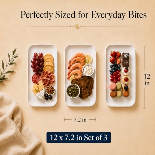 DELLING 12 Inch Serving Platter Set of 3, White Rectangular Serving Plates, Porcelain Serving Trays for Party Entertaining, Large Platters for Meat Sushi Appetizer, Oven Microwave Dishwasher Safe