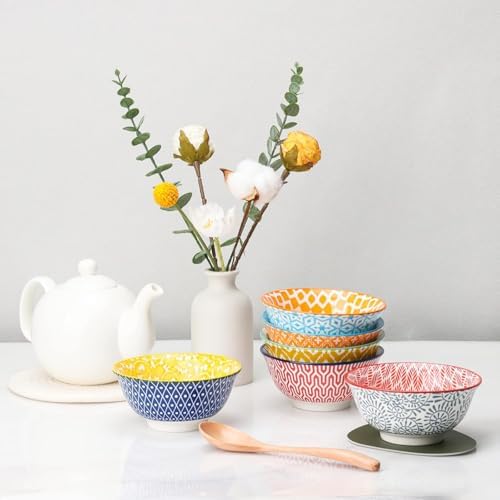 KitchenTour Ceramic Bowls Set - 10 oz Serving Bowls For Kitchen - Cereal, Ice Cream, Soup, Salad, Rice, Dessert Ceramic Bowls - Assorted Colorful Set of 6 - Microwave Dishwasher Safe - 5 Inch
