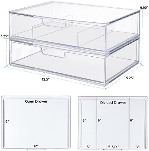 STORi STAX Plastic Stackable Organizer Drawers (Set of 2) Clear | 12.5" Wide | Set Includes One Open Drawer & One Divided Drawer | Organize Office Desk Accessories & Sort Paper | Made in USA