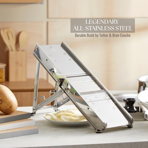 ICO by Bron Coucke Professional Mandoline Slicer by Tellier with Hand Guard – Heavy Duty Stainless Steel Mandoline Slicer – Adjustable Built-in Straight, Julienne, & Crinkle Blades – Crafted in France