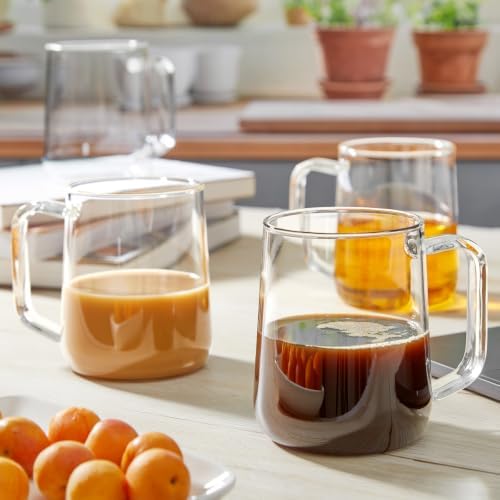 Large Glass Coffee Mugs, 24 oz Glass Coffee Cups Set of 4, Clear Borosilicate Glass Mugs with Handles for Cappuccino, Tea, Latte, Hot/Cold Beverages, Wine, Americano, Smoothies