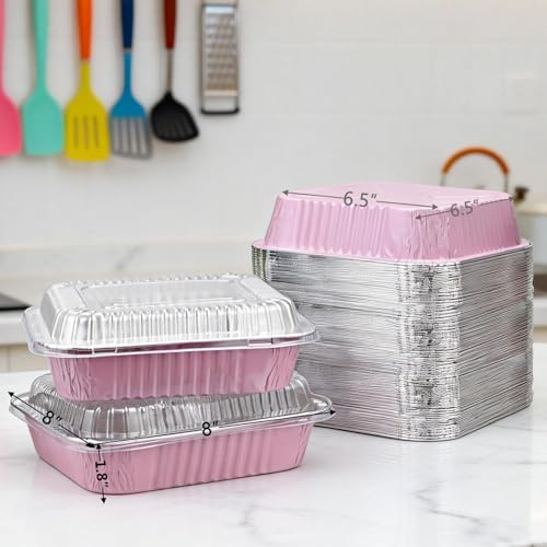 (35-Pack) Pink 8x8 Inch Disposable Aluminum Pans with Plastic Lids,Stickers and Cake Spoons,Square Cake Pans for Parties,Baking Trays,Foil Pans for Holiday Cooking, Parties Meal Prep, Storage
