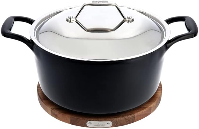 All-Clad Cast Iron Enameled Dutch Oven with Acacia Trivet 6 Quart Induction Oven Broiler Safe 650F Pots and Pans, Cookware Black