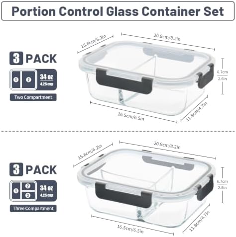 2 & 3 Compartment Glass Meal Prep Containers 6 Pack, 34oz Lunch Containers
