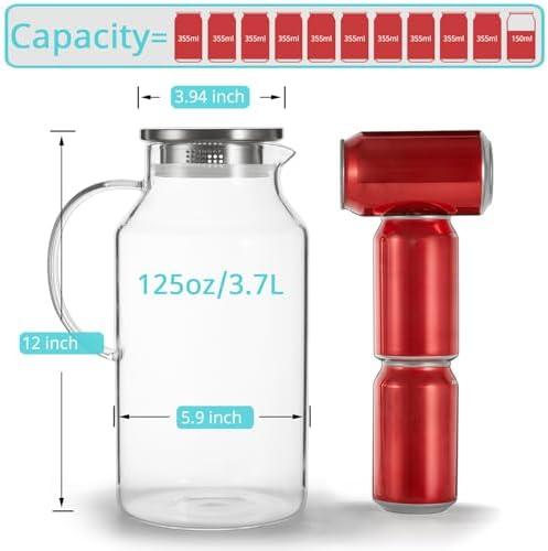 Bivvclaz 1 Gallon Glass Pitcher with Lid and Handle, Water Pitcher for Fridge, Glass Carafe for Hot/Cold Water, Large Iced Tea Jug for Coffee, Juice and Homemade Beverage (Pack of 2)