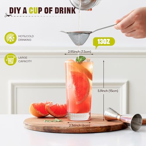 Highball Glasses Set of 6, 13oz Tall Drinking Glasses, Water Glass Cups Set