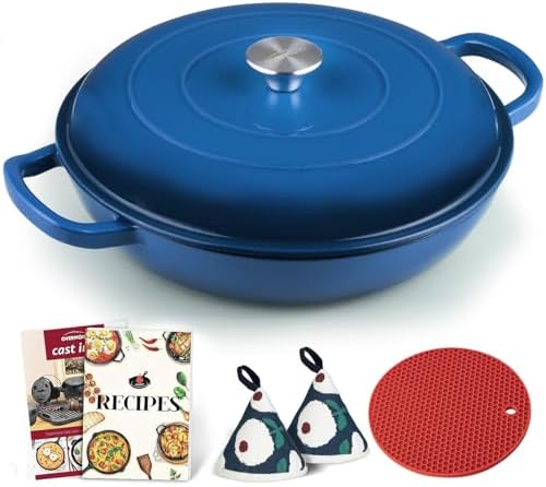 Overmont Enameled Cast Iron Dutch Oven - 3.8 QT Shallow Braiser with Recipe