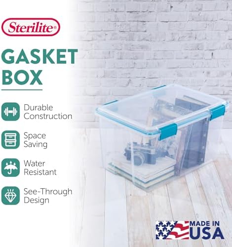 Sterilite 4-Pack 54 Quart Gasket Box, Home Storage Organizer Bins with Lids - Stackable Clear Plastic Containers for Bedroom, Bathroom, Garage, Basement, or Attic