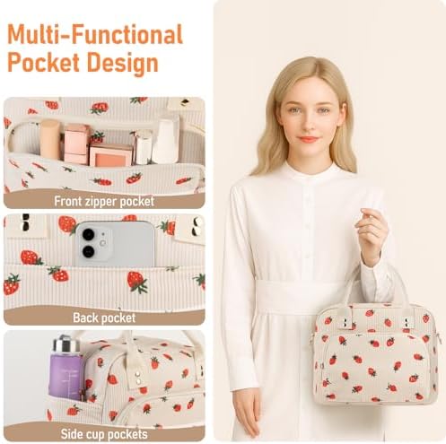 Lunch Bag Large Insulated Lunch Box for Women Adult Cute Beige Strawberry Lunchbox Corduroy Lunch Bags Boxes Pail with Shoulder Strap for Work Mom Picnic Office Travel 11.4×6.8×9.1 inches 11.5L