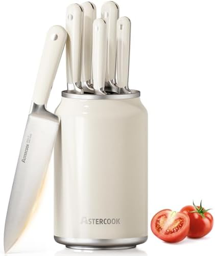 Astercook 6-Piece Kitchen Knife Set with Soda Can-Inspired Block, Full Tang High Carbon Stainless Steel Knives, Retro Cream Design & ABS Handles Knife Sets, Perfect Holiday Gifts for Kitchen