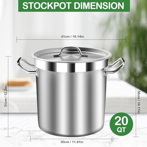 STOCKPOT Stock Pot 20 Quart with Lid – Stainless Steel Cooking Pot for Soup, Stew, and Pasta – Heavy Duty Induction Compatible Stockpot for Kitchen or Commercial Use, Oven Safe