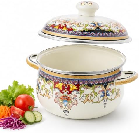 2.5 Qt Enamel Stock Pot with Lid, Floral Soup Pots for Cooking