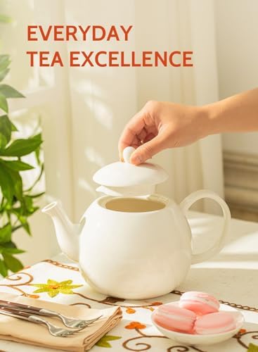 Sweese Porcelain Teapot, 40 Ounce Tea Pot - Large Enough for 5 Cups, White (Pack of 3)