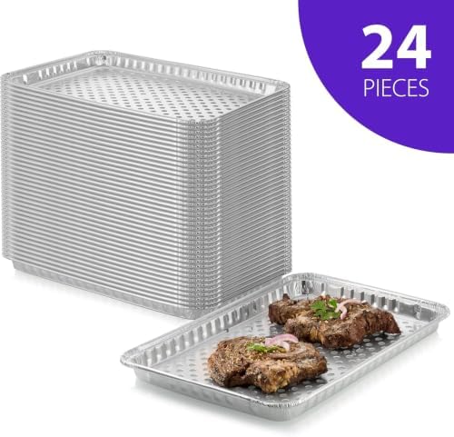 Disposable Aluminum Foil BBQ Grill Topper Pan – Prevents Food from Falling into The Grill or Sticking to The Grate – No Clean Up Required – Perfect for Camping and Outdoor Use - 15” x10” x1.5” (24)