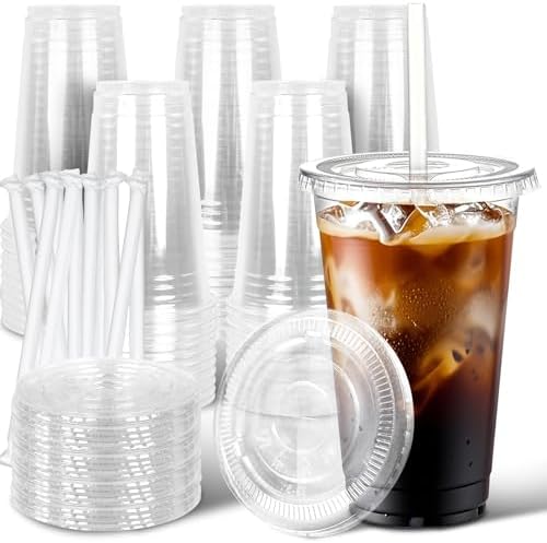 Ginkgo 50 Pack 20 oz Plastic Iced Coffee Cups with Lids and Straws