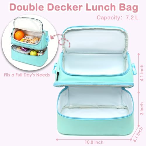 FlowFly Double Decker Cooler Insulated Lunch Bag Large Tote for Boys, Girls, Men, Women, With Adjustable Strap,Light Blue