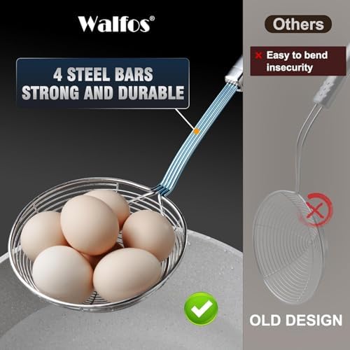 Walfos 7 inch Extra Large Spider Strainer - Stainless Steel Fryer Scoop & 4 in Skimmer Spoon, Set of 2 - Kitchen Spider Skimmer Strainer With Handle, For Cooking, Frying, Pasta, Egg, Foam