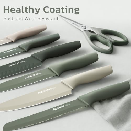Astercook Knife Set, 13 Pieces Kitchen Knives Set with Healthy Anti-Rust Coating, Dishwasher Safe, Stainless Steel Chef Knife Sets with 6 Blade Guards, Perfect Holiday Gifts for Kitchen Green