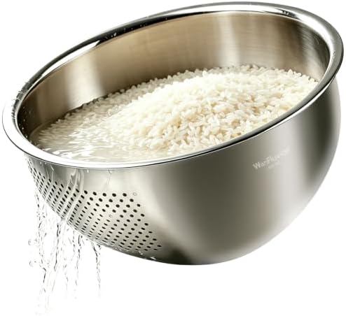 Rice Washer Strainer Bowl, 4 QT Stainless Steel Colander with Side Drainer