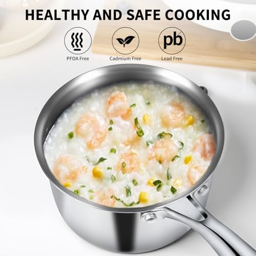 EWFEN 3 Ply Stainless Steel Sauce Pan Set with Lids, 1 & 2 Quart Multipurpose Cooking Pot, Stay-Cool Handle, Induction Oven Dishwasher Safe, 1QT & 2QT
