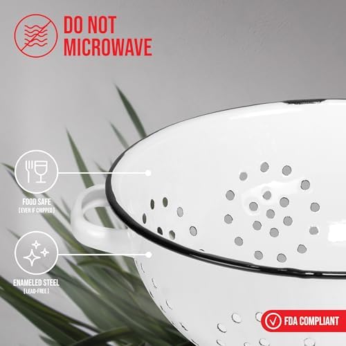 Red Co. Enamelware Metal Classic 10.5 Inch Round Food Strainer Colander with Two Handles, Distressed White/Black Rim