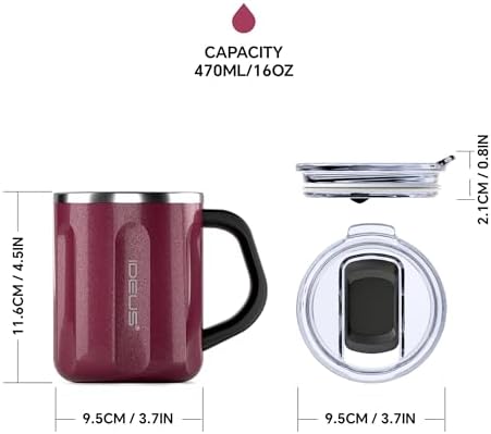 Ideus 16 oz Insulated Coffee Mug with Lid and Handle (Burgundy, FUJI FLOW)