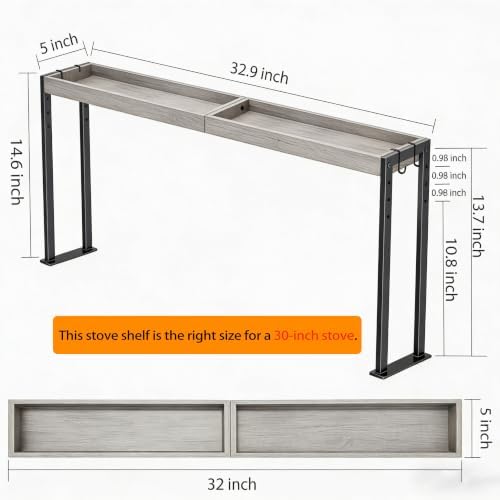 Spice Rack Shelf for Kitchen Stove, Over The Stove Shelf with 4 Level Adjustable Height, Over Stove Spice Rack with 4 Hooks, Grey + Black