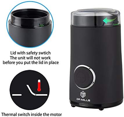 DR MILLS DM-7441 Coffee Grinder Electric, Coffee Bean and Dried Spice Grinder, One Touch Operation, Blade and Cup Made with SUS304 Stainless Steel (Black)