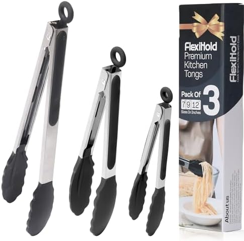 Stainless Steel Kitchen Tongs Set, 3 Pack with Silicone Tips