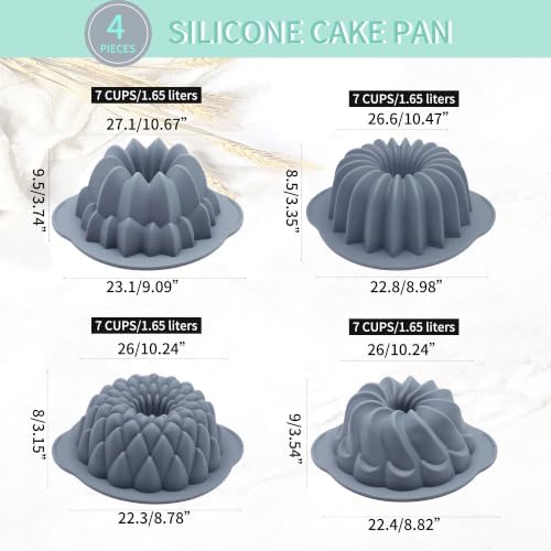 Tongjude 4 Pieces Silicone Cake Pan, Nonstick Silicone Cake Molds, Food Grade Silicone Bakeware for Jello, Cake, Pound Cake, Gelatin, Brownie and Bread, 7 Cups, Grey