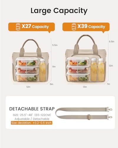 LOVEVOOK Lunch Box for Women, Puffer Lunch Bag with Wide Opening,13L, Khaki