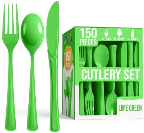 Party Solids Lime Green Plastic Silverware 150 Pcs Lime Green Cutlery Set