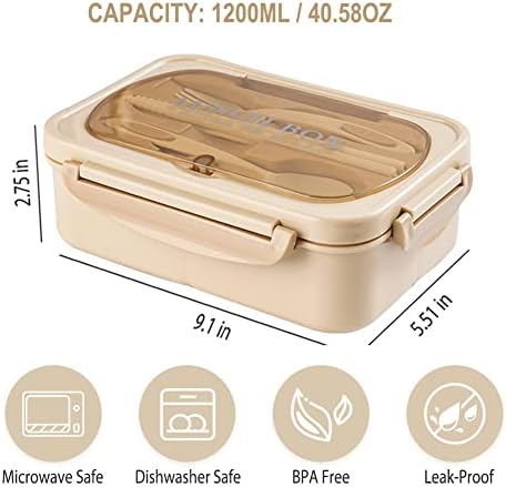 Bento Box for Adult, 1200 ML Lunch Containers, LeakProof Lunch Box with Utensils, BPA Free, 3 Compartment Bento Box Microwave Safe, Khaki