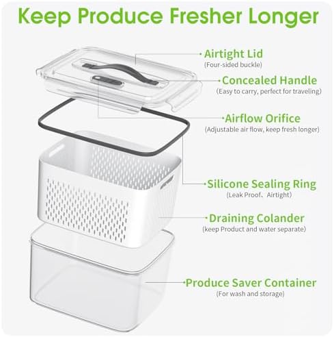 BOICHU Fruit Storage Containers for Fridge with Colander, Vent, Handle Lids