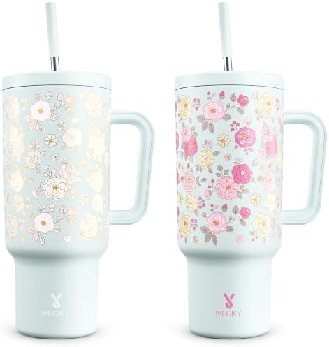 Meoky UV Color-Changing Tumbler: 40 oz Tumbler with Handle and Straw- Stainless Steel Insulated Tumbler for Car Cup Holders - Travelers Commuters Workers (1 Pack, Camellia)