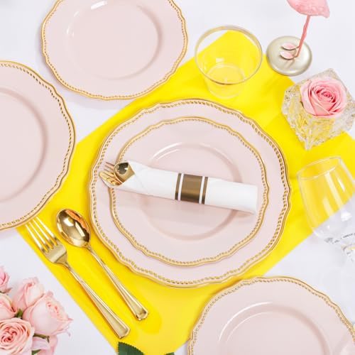 Hioasis 350 Pcs Pink and Gold Plastic Plates for Wedding & Party