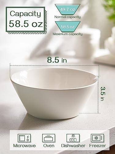DOWAN Large Salad & Soup Bowls - 60 OZ Ceramic White Bowls for Ramen, Pho, Pasta, Fruit and Snacks - Set of 4, Microwave & Dishwasher Safe